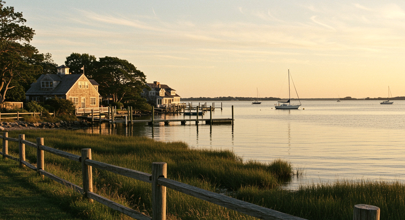 Oyster Bay, Long Island: cedar shingle cottages, a post and rail fence, marsh grass and moored sailboats at gold hour.
